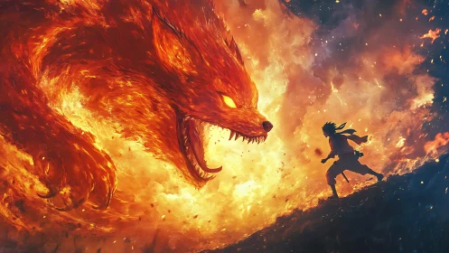 Flaming Dragon Head Confrontation with Silhouetted Human Figure Against Pyrolytic Background