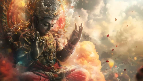 Digital deity figure sits amid clouds and diffuse light