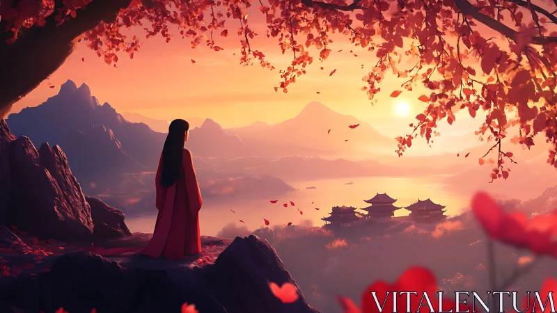 Crimson wanderer gazes over sunrise temples and misted lake.