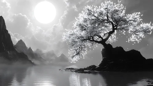 Monochrome blossom tree arcs over misted lake under full sun
