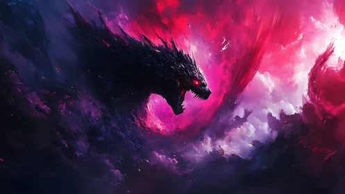 Roaring cosmic dragon carves a blazing path through storm clouds