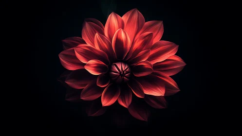 Crimson Dahlia with Dramatic Luminescence Against Dark Background