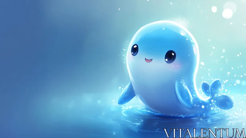 Cute glowing blue whale character splashes in soft water light.