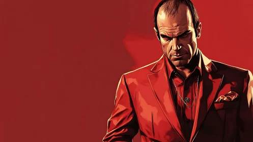 Stylized red-suited male portrait uses dramatic chiaroscuro lighting