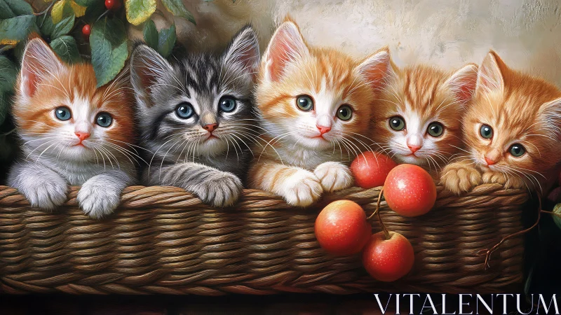 Five Adorable Kittens in a Basket with Fresh Apples.