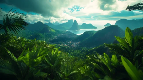Lush tropical bay valley with dense rainforest and coastal peaks