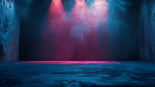 Neon fog lingers as an empty concrete stage quietly waits