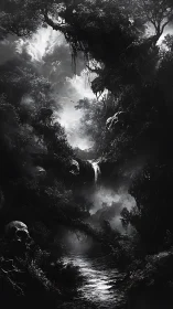 Misty Jungle Ravine with Cascading Waterfall.