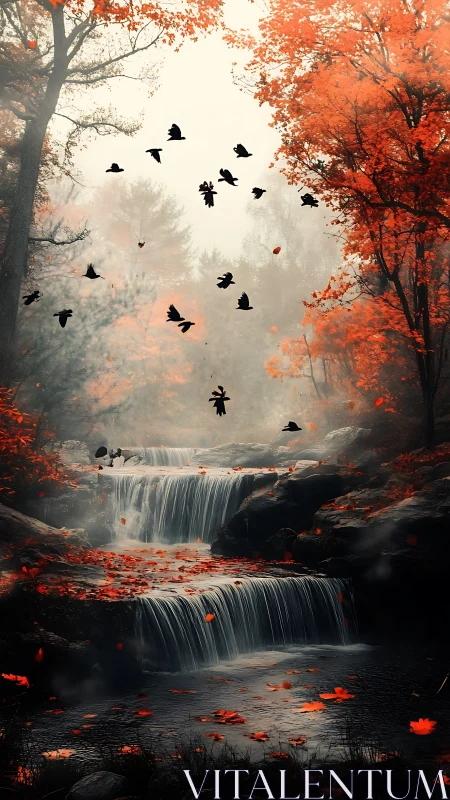 Autumn waterfall forest with ravens in misty twilight.