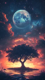 Moonlit dreaming tree over glowing sunset waters.