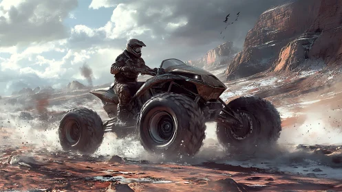 Rider operates four‑wheeled all‑terrain vehicle in desert canyon