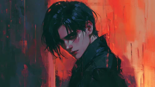 Digital portrait depicts young figure before abstract red field