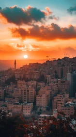 Sunset-illuminated hillside cityscape with dense midrise blocks