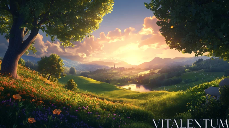 Sunlit valley meadow overlooks tranquil river and castle.