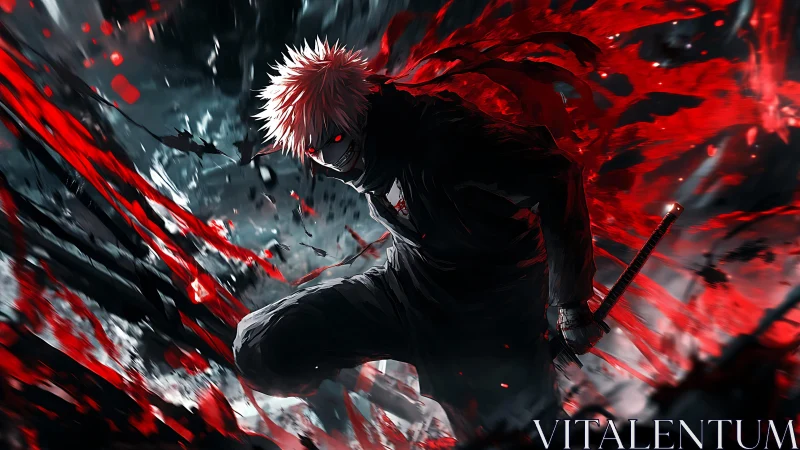 White haired swordsman crouches amid violent red energy