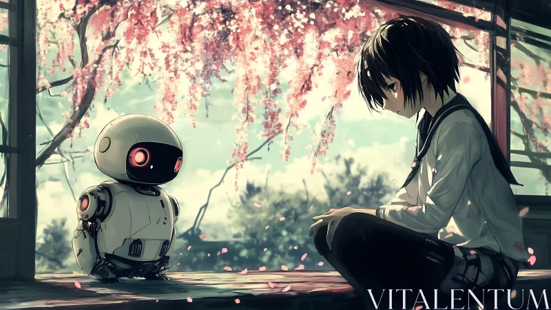 Human figure and robot seated under pink flowering tree.