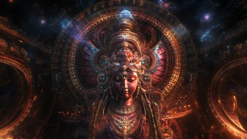 Celestial goddess avatar glows within radiant cosmic halo.