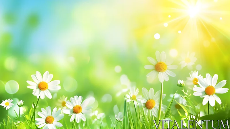 Sunlit daisies dancing softly in a glowing spring meadow.