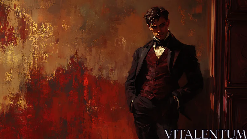 Man in formal attire against abstract red textured wall.