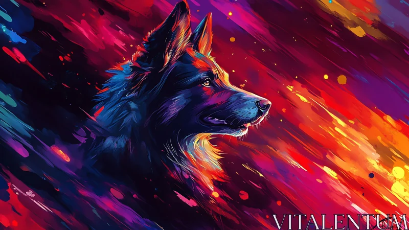 Vibrant canine portrait rendered in dynamic neon brush strokes