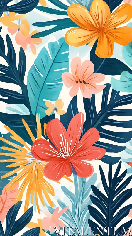 Tropical floral vector pattern with layered botanical elements in vibrant palette