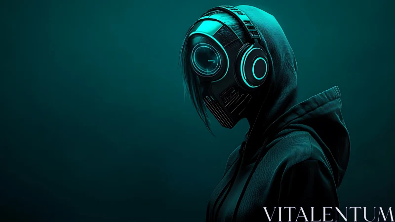 Neon hooded wanderer in a quiet teal cyberpunk glow.