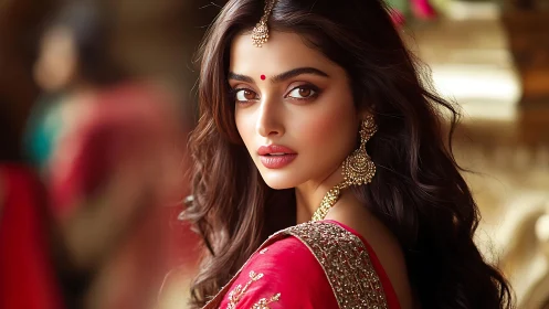 Elegant gaze in red saree and softly glowing gold details.