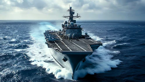 Powerful aircraft carrier cuts through stormy open ocean