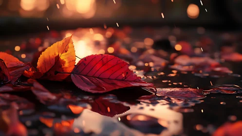 Autumn leaves in rain over glowing sunset reflections.