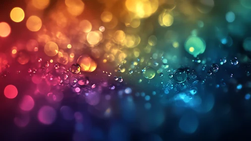 Prismatic water droplets glow across vibrant bokeh field.