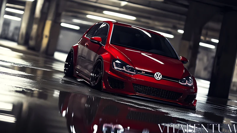 Red modified Volkswagen hatchback in wet parking garage.