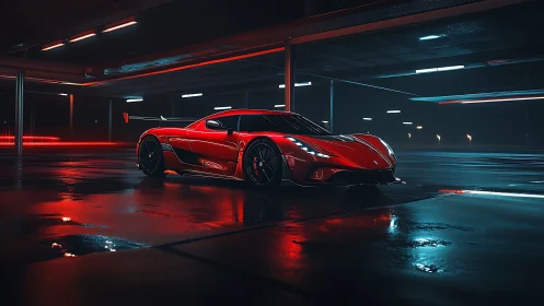 Midnight red supercar gliding through neon reflections.