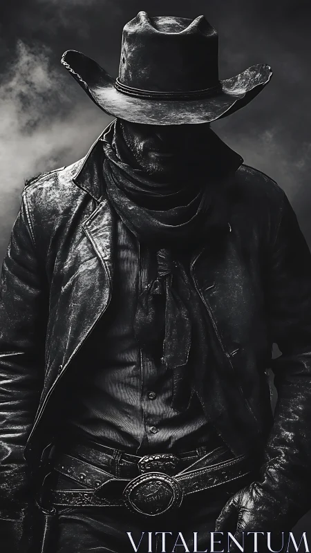 Dark monochrome cowboy in worn leather and hat.
