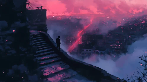 Quiet silhouette watching a dreamy neon city at dusk.