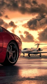 Sunset tarmac scene with red sports car and private jet alignment