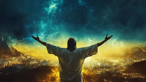 Sky-split dawn over the city as robed figure welcomes light.