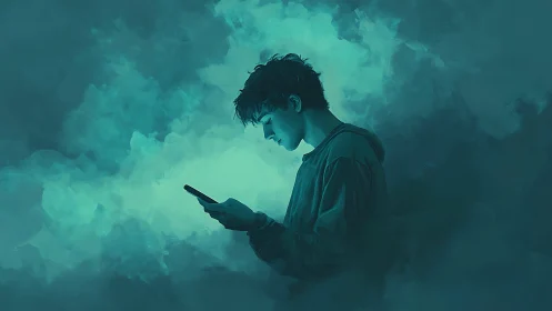 Silhouette of young man reading smartphone amid teal haze