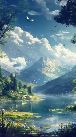 Sunlit alpine lake reflects soaring peaks and drifting clouds