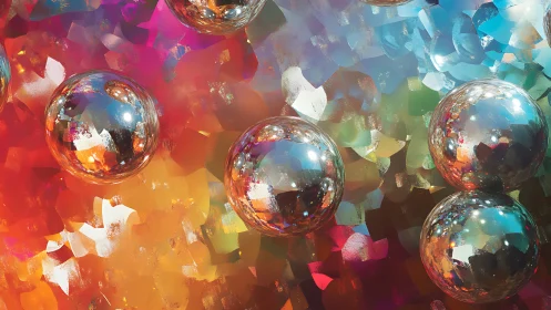 Iridescent chrome spheres over prismatic bokeh field.