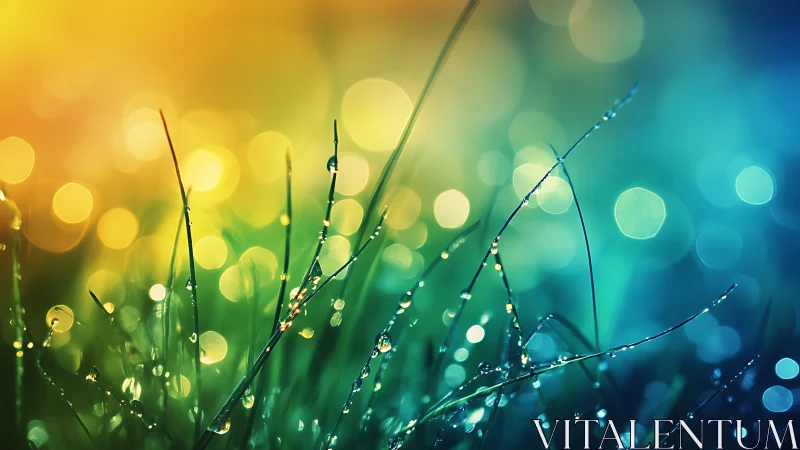 Glowing morning dew on grass in vibrant bokeh spectrum.