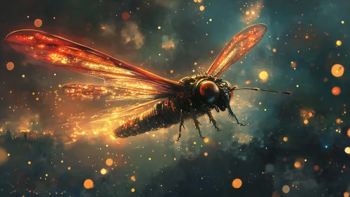 Cybernetic firefly construct in luminous nebula field.