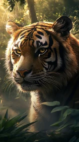 Majestic tiger gazes through golden jungle light in silence