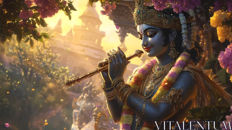 Divine flutist in luminous temple garden, digital rendering.