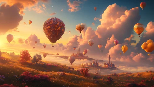 Fantasy valley sky filled with hot air balloons at sunrise.