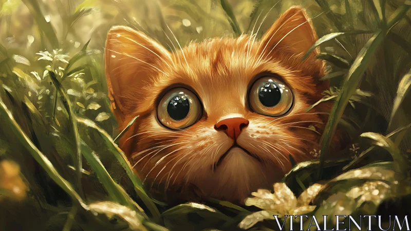 Feline Portrait Among Wild Grasses with Luminous Amber Eyes