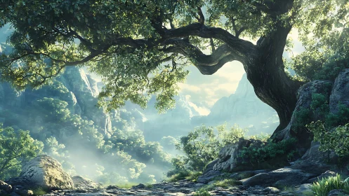 Ancient Tree's Embrace: A Serene Mountain Gateway to Wonder.