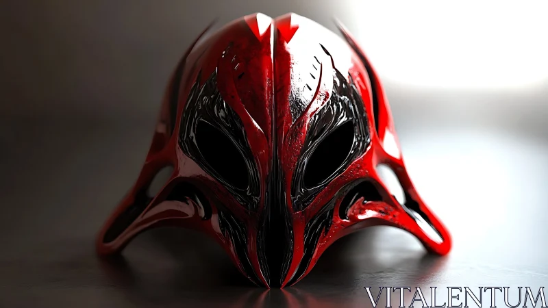 Red biomechanical alien mask with glossy reflective shell.