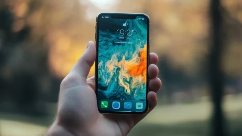 Modern Smartphone Displays Fluid Art Wallpaper in Natural Light.