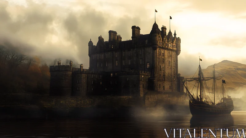 Fog-draped fortress and ghostlit galleon at dusky harbor.