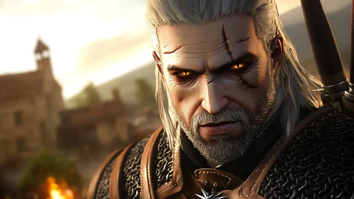 Scarred silver-haired warrior in intense cinematic close-up.